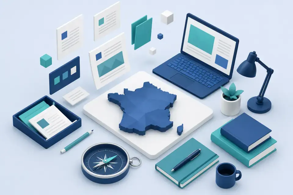 Illustration d’un espace éditorial avec documents et boussole